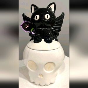 Halloween BLACK CAT Bat Wings SKULL Cookie Jar Treat Canister Container NEW